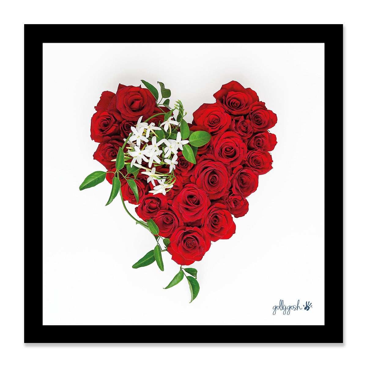 Mock up of a framed red rose heart fine art print from Golly Gosh Creations. Available in three sizes ready for framing.