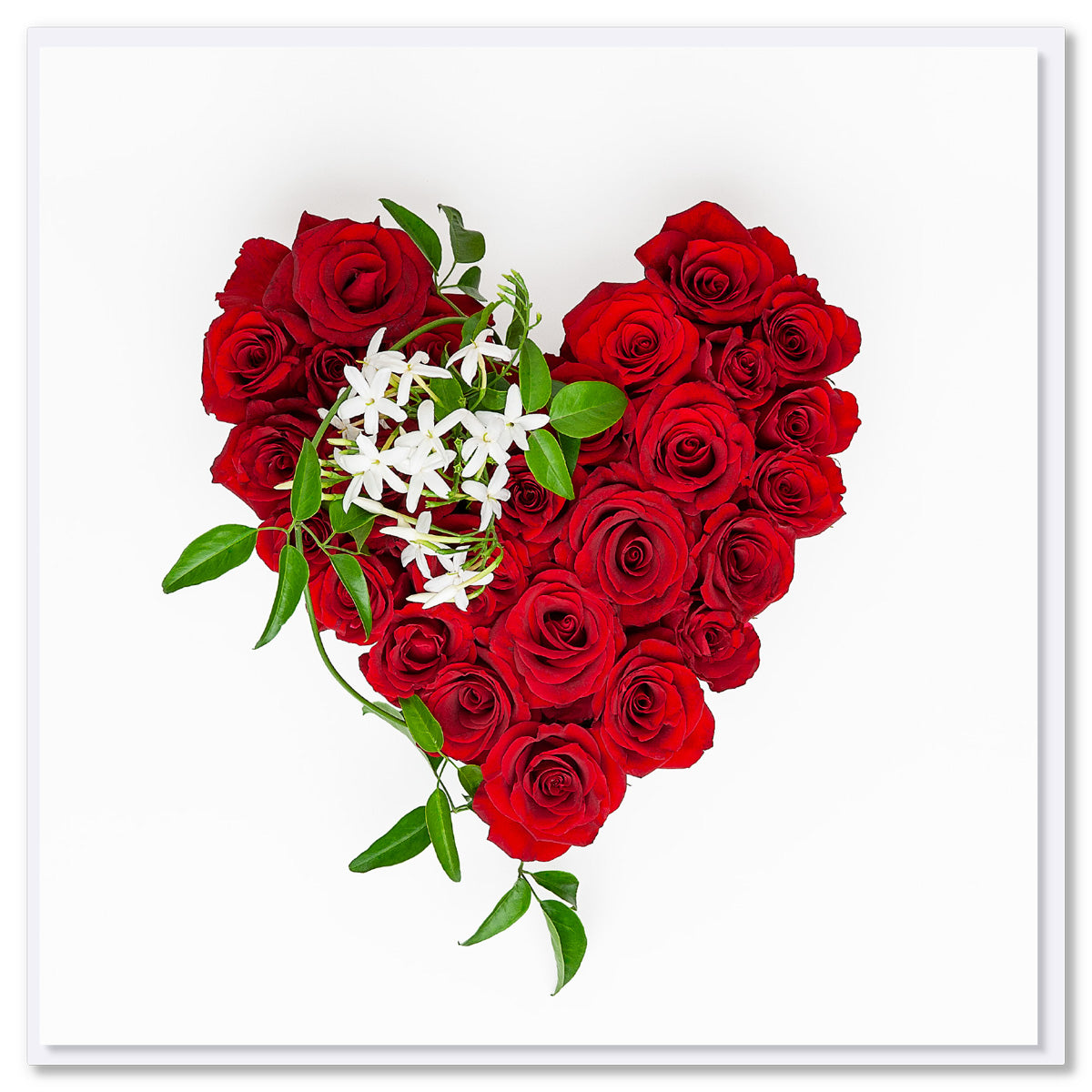A beautiful red rose heart greeting card by Golly Gosh Creations. Size 142 x 142 m. Created from vibrant red roses on a white background.