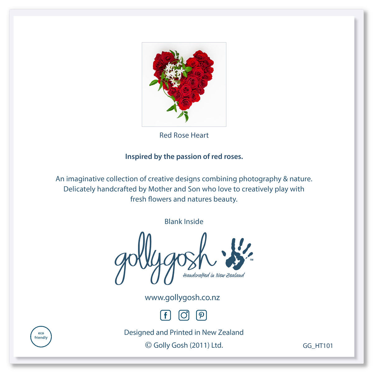 Back cover of a red rose heart greeting card by Golly Gosh Creations. Size 142 x 142 mm. Created from fresh vibrant red roses.