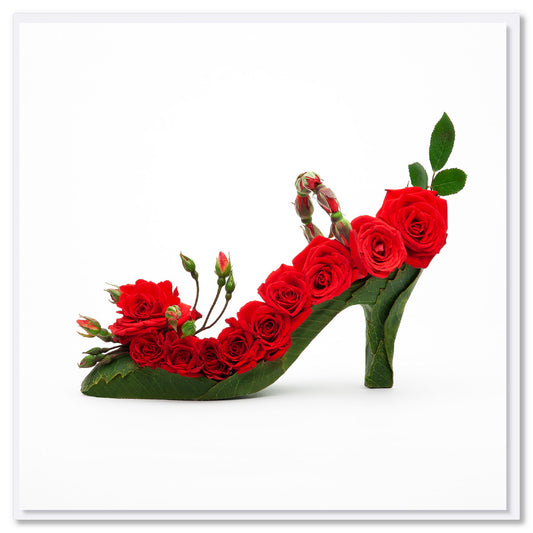 This exquisite red rosebud shoe greeting card is created from vibrant red roses, buds and leaves. Found at Golly Gosh Creations. Size 142 x 142 mm.
