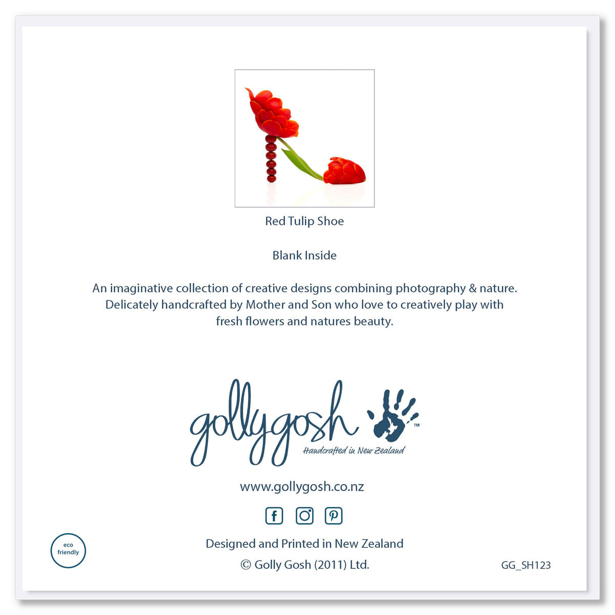 Back cover of a red tulip shoe greeting card from Golly Gosh Creations. Size 142 x 142 mm. Created from beautiful red tulip petals.