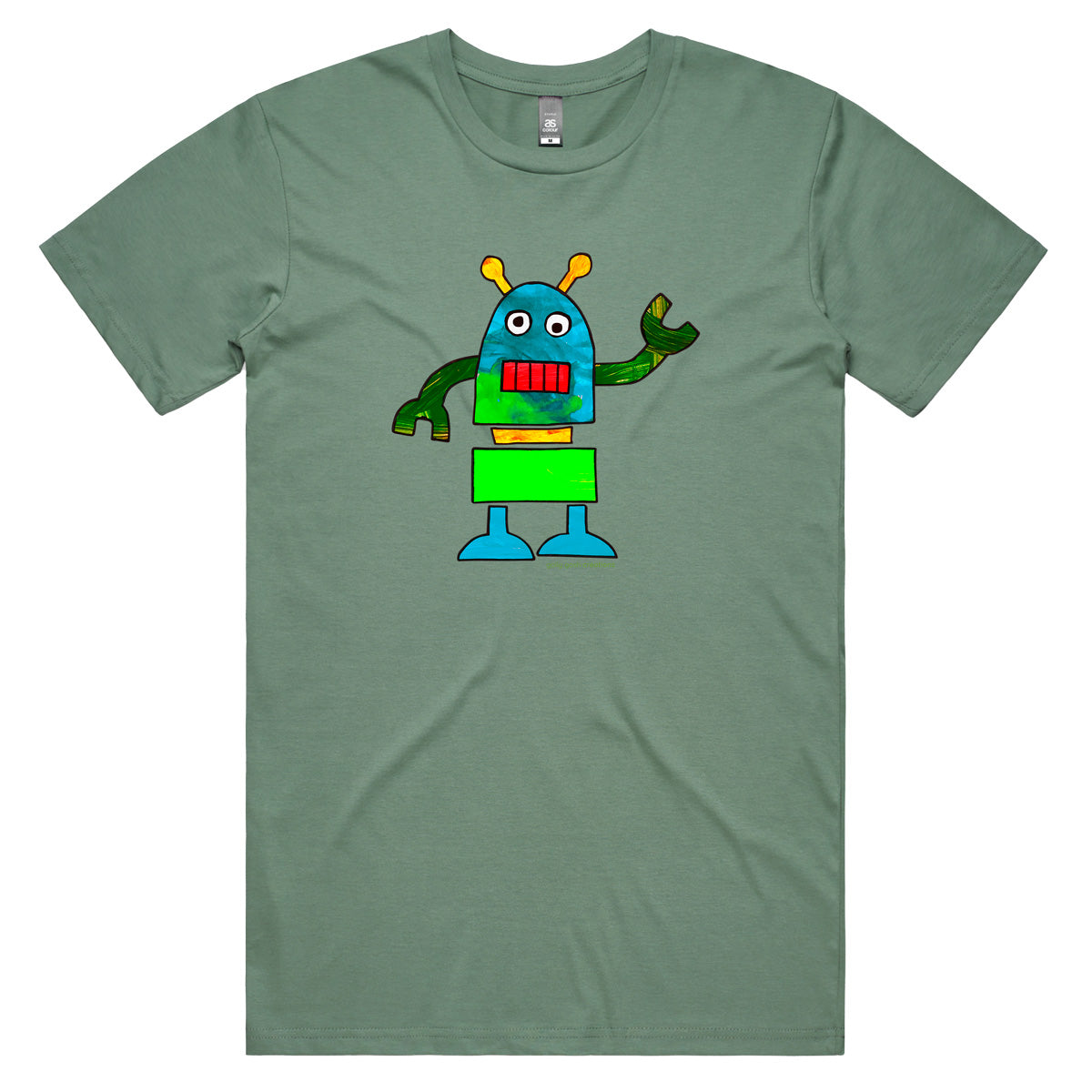 A colourful robot sage coloured men's tee shirt by Golly Gosh Creations. Sizes S - 5XL. A fun kids painting. Quality cotton.