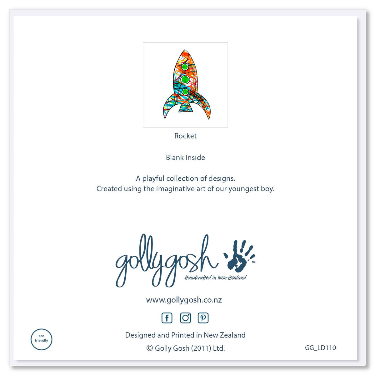 Back of a colourful greeting card from Golly Gosh Creations. A generous square card with a kids drawing of a rocket on a white background.