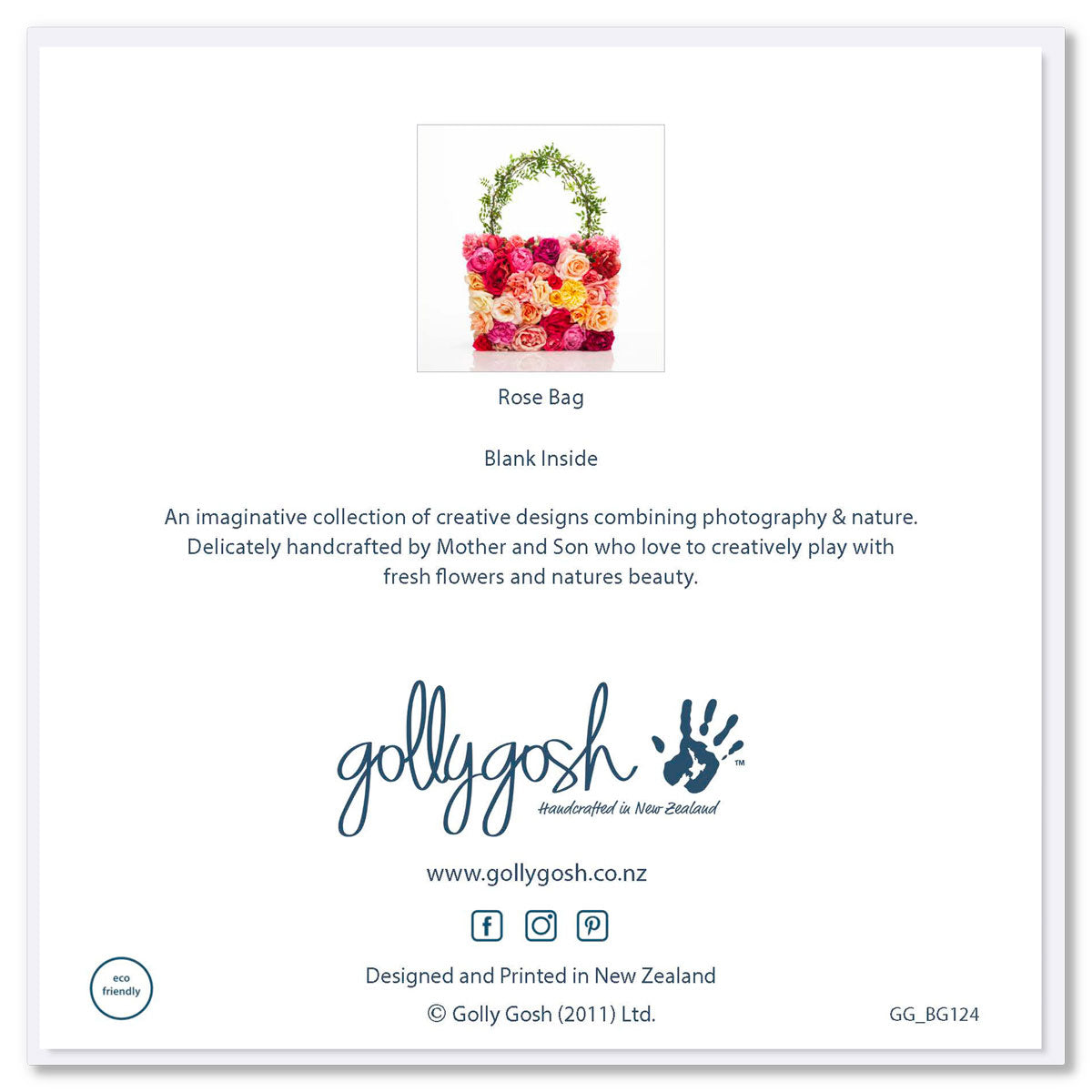 Back cover of an exquisite rose bag greeting card from Golly Gosh Creations. Size 142 x 142 mm. Created from colourful roses.