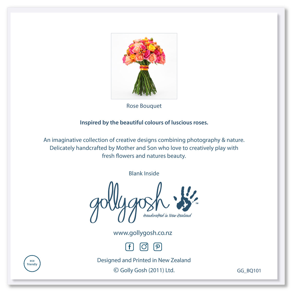 Back cover of beautiful rose bouquet greeting card from Golly Gosh Creations. Size 142 x 142 mm. An opulent greeting card created from fresh colourful roses.