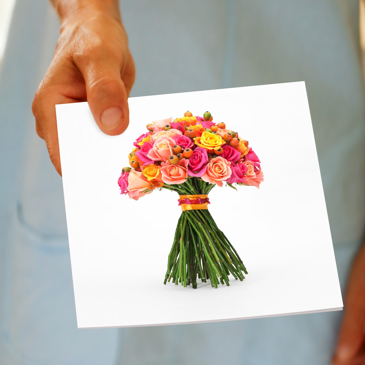 A colourful rose bouquet greeting card from Golly Gosh Creations. This generous square card is created from bright fresh roses.