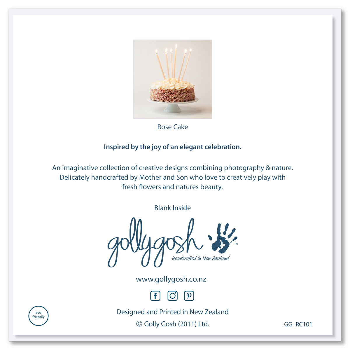 Back of a rose cake greeting card from Golly Gosh Creations. Size 142 x 142 mm. Created from fresh soft pink roses and cream rose petals.