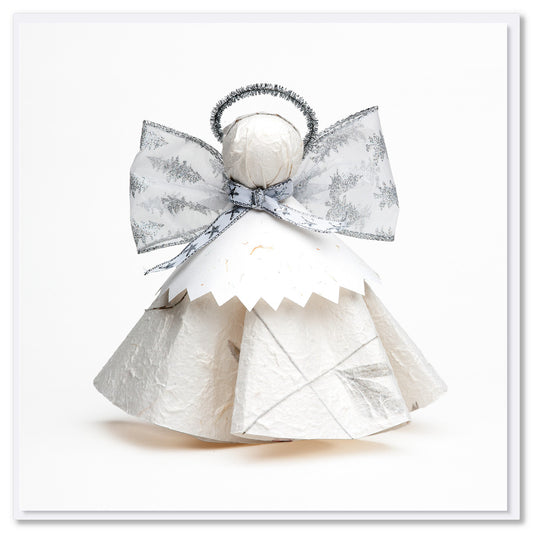 A creative silver & white angel Christmas card. Found at Golly Gosh Creations.This quality square card has a white background.