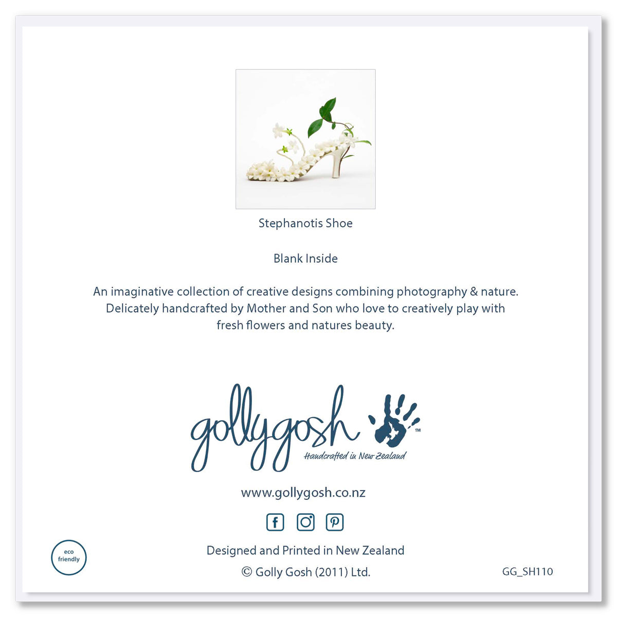 Back of a stephanotis shoe greeting card found at Golly Gosh Creations. Size 142 x 142 mm. Created from white stephanotis blooms on a white background.