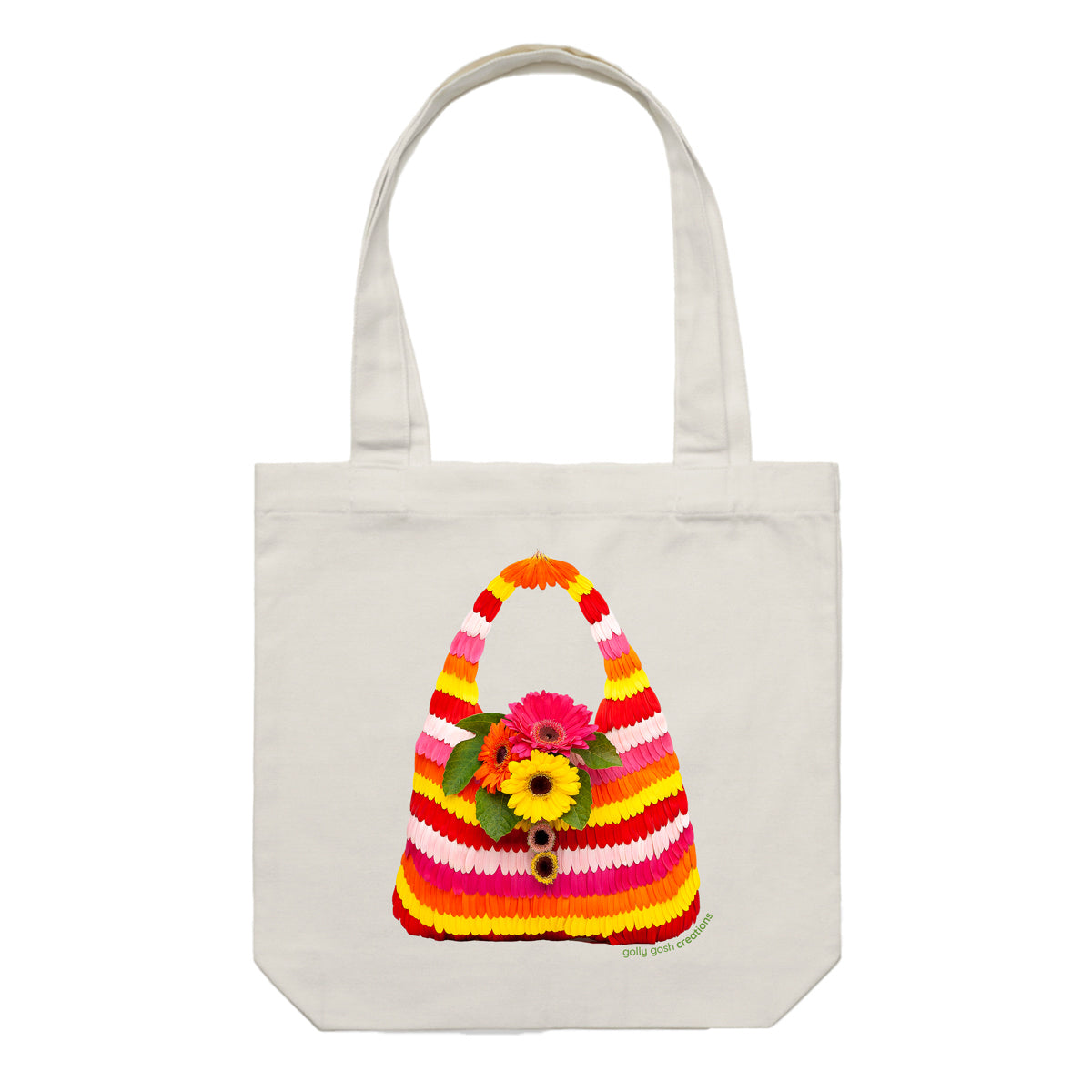 This stripe gerbera petal cotton canvas tote bag is created from colourful gerbera daisy petals. Found at Golly Gosh Creations. Colour cream.