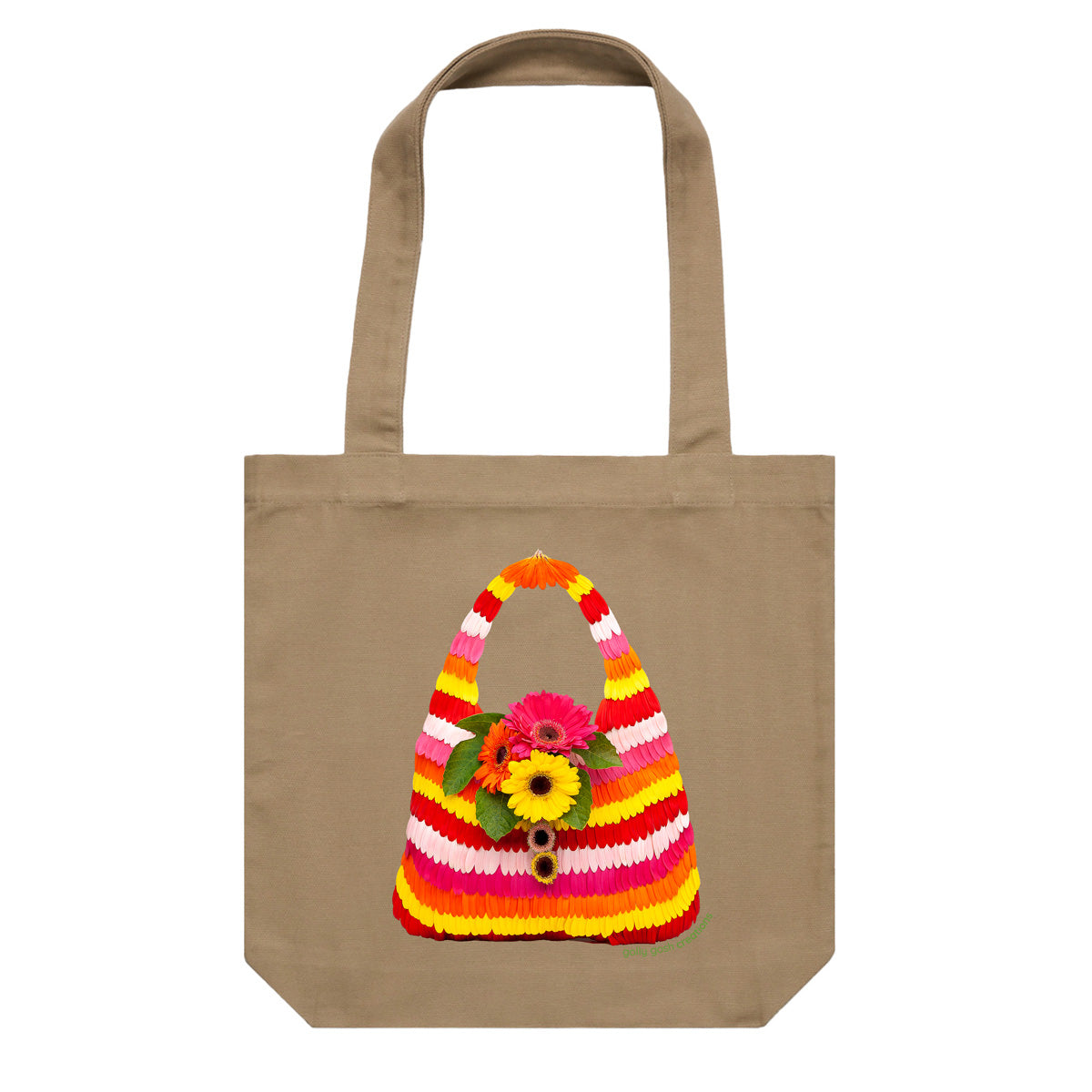 This stripe gerbera petal cotton canvas tote bag is created from colourful gerbera daisy petals. Found at Golly Gosh Creations. Colour khaki.
