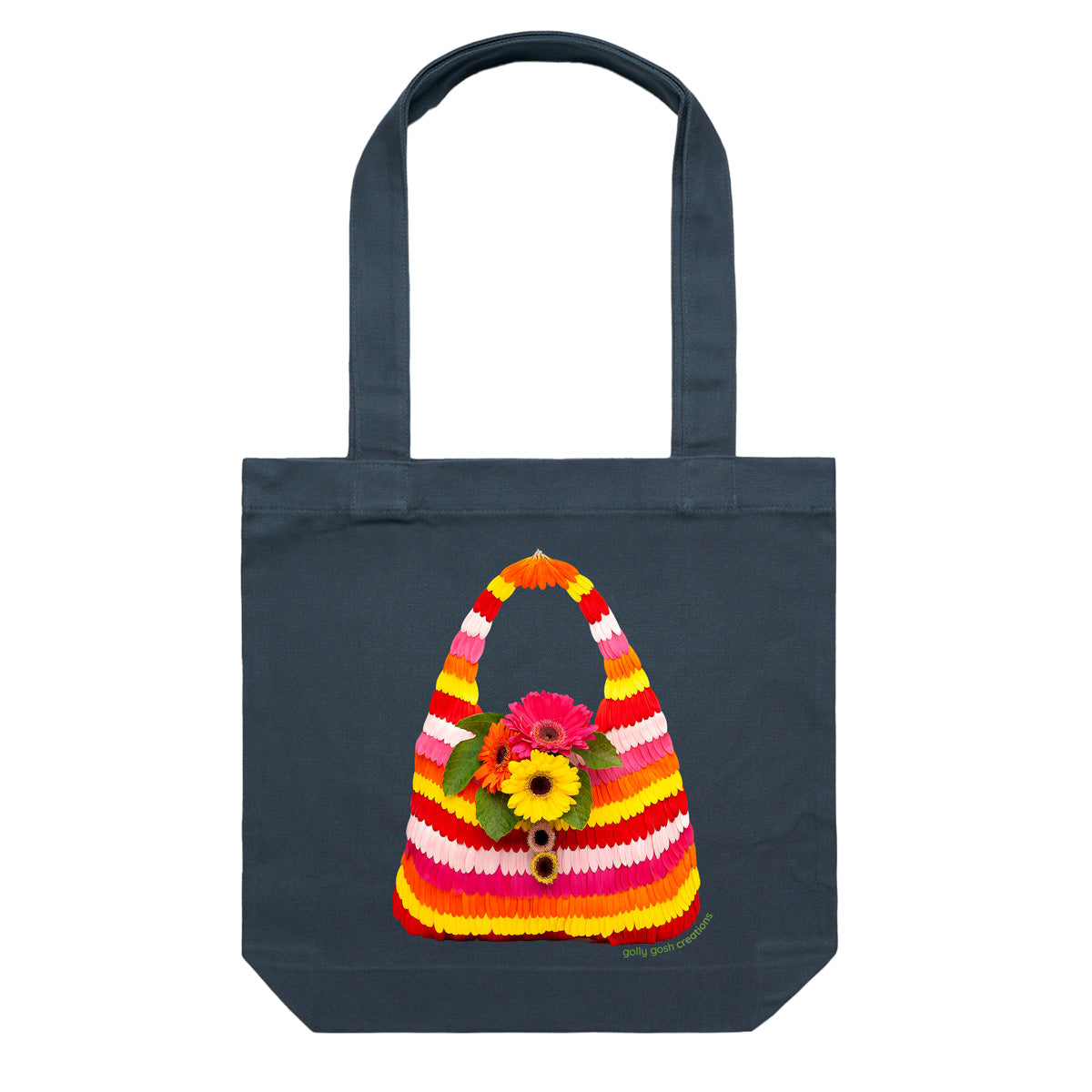 This stripe gerbera petal cotton canvas tote bag is created from colourful gerbera daisy petals. Found at Golly Gosh Creations. Colour dark blue.