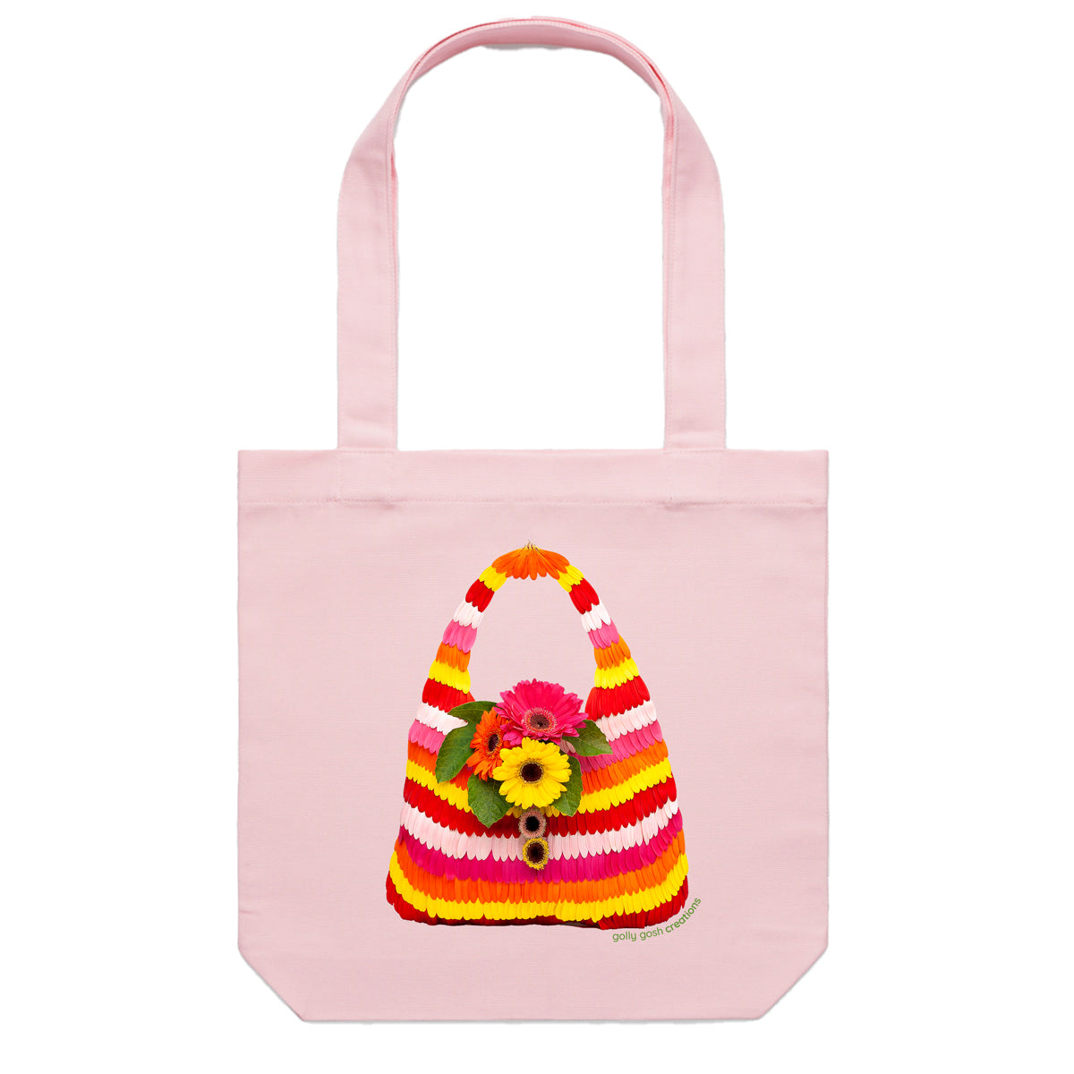 This stripe gerbera petal cotton canvas tote bag is created from colourful gerbera daisy petals. Found at Golly Gosh Creations. Colour pink.