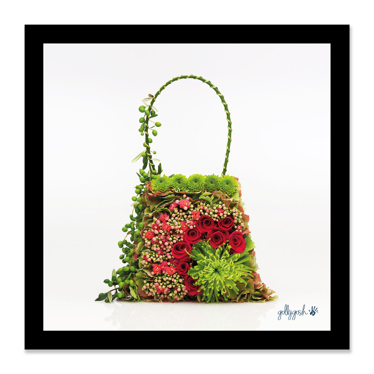 Mock up of a framed tapestry bag fine art print from Golly Gosh Creations. Available in three sizes ready for framing.