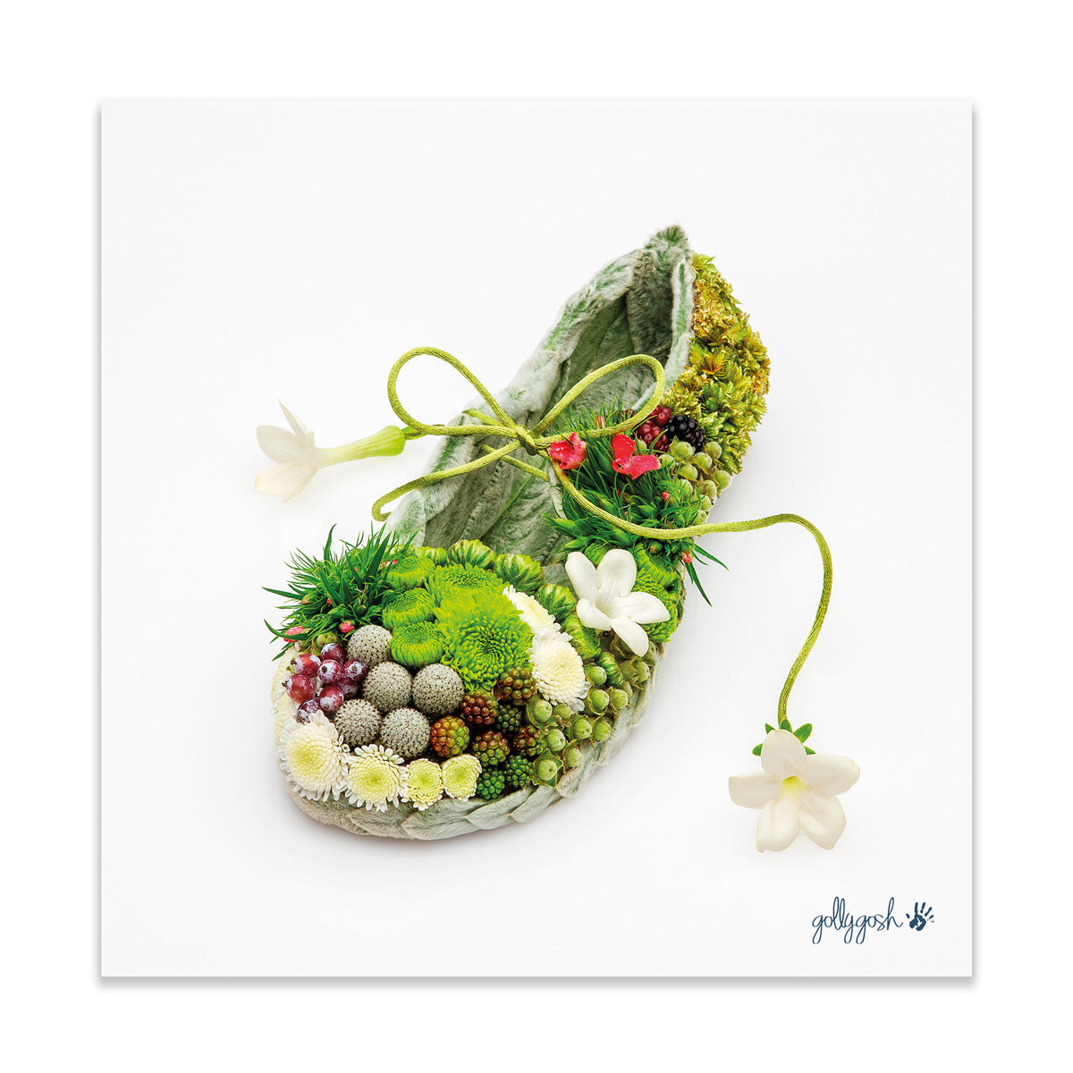 A tapestry shoe fine art print from Golly Gosh Creations. Crafted from a tapestry of fresh flowers. Printed on quality white art paper. Three sizes available.