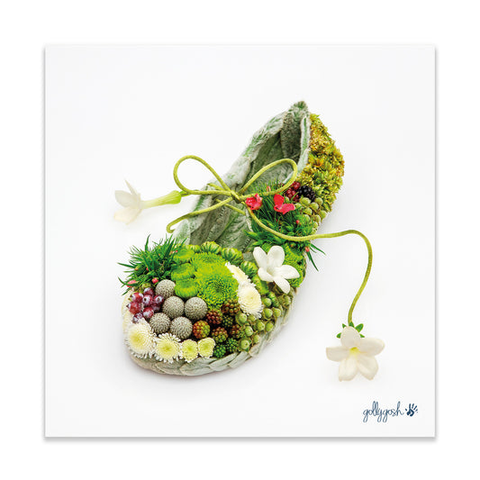 A tapestry shoe fine art print from Golly Gosh Creations. Crafted from a tapestry of fresh flowers. Printed on quality white art paper. Three sizes available.