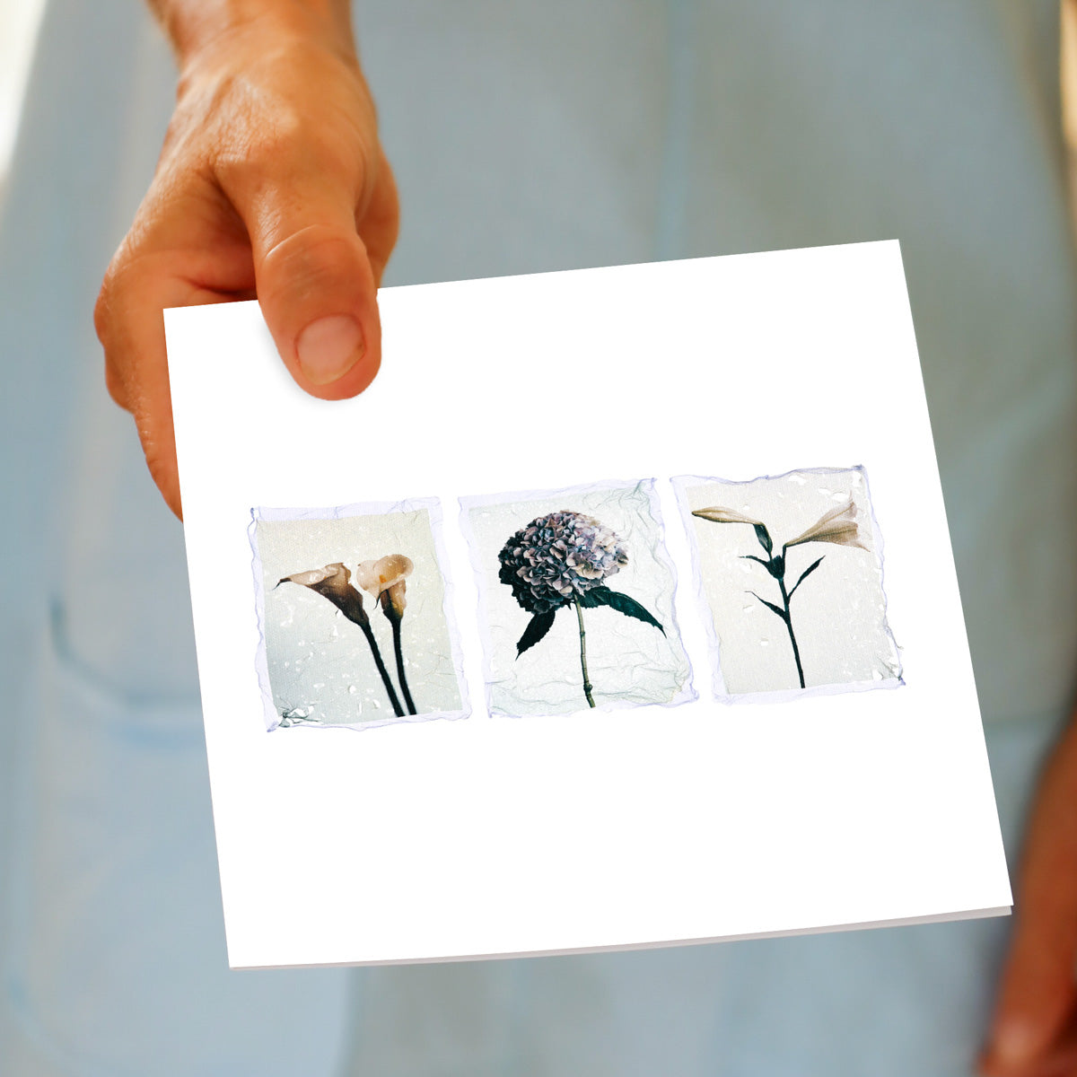 A hand held triple flower polaroid greeting card from Golly Gosh Creations. Size 142 x 142 mm.