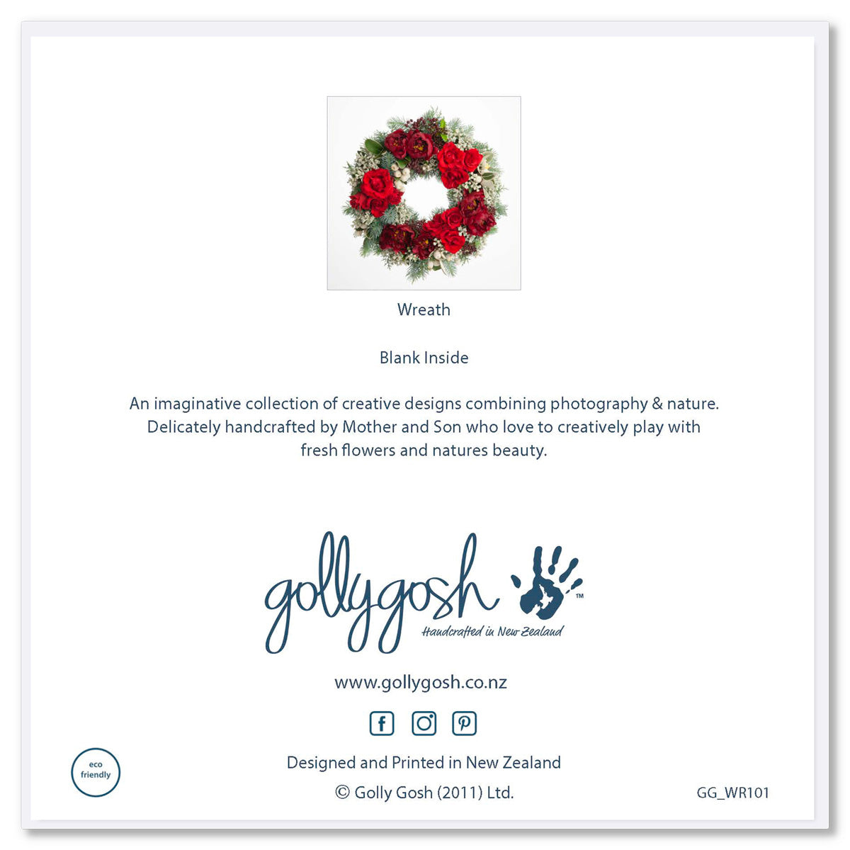The back cover of our pretty flower wreath on a white background. Size 142 x 142mm. A quality greeting card found at Golly Gosh Creations.