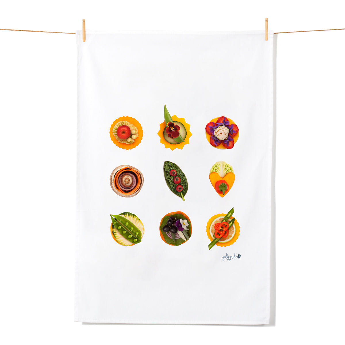 Nine vibrant veg and flower designed canapes. On a quality cotton tea towel from Golly Gosh Creations.