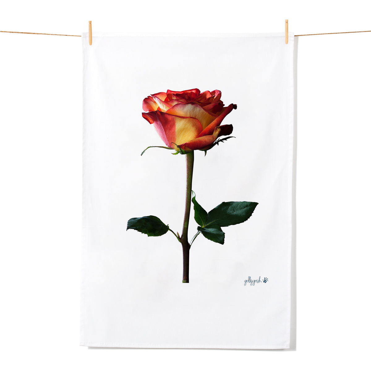 An elegant blooming variegated red columbian rose pops on this quality cotton tea towel from Golly Gosh Creations.