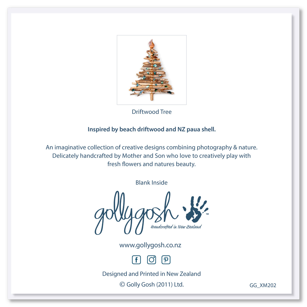 Back cover of a driftwood Christmas tree card with delicate paua shell pieces from Golly Gosh Creations.  A quality square card.