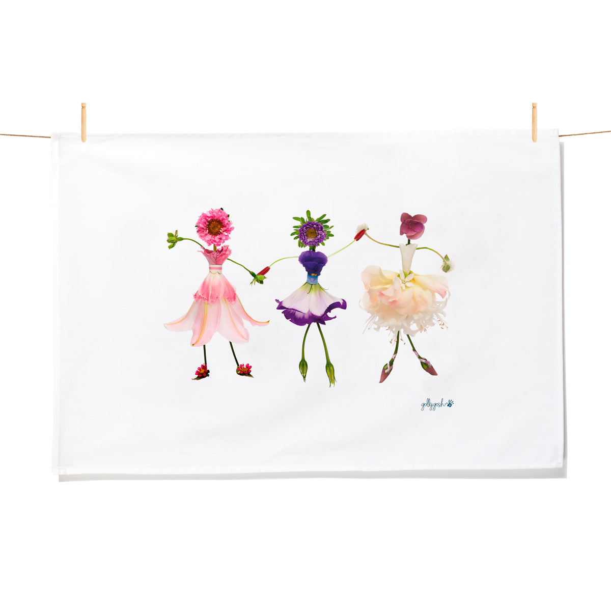Three delicate handcrafted flower dancing girls on a quality cotton tea towel from Golly Gosh Creations.