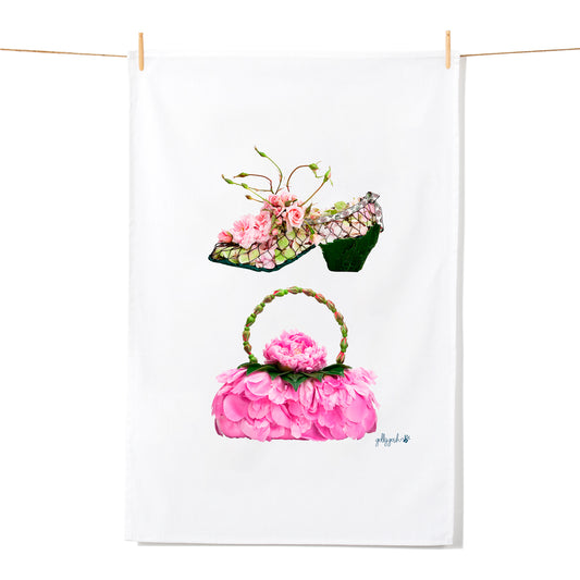 A handcrafted rose petal shoe and a pink peony petal bag features on this quality cotton tea towel by Golly Gosh Creations.
