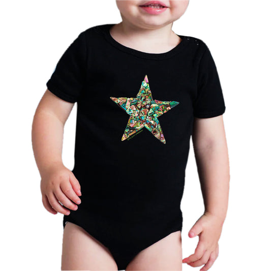 Baby wearing Paua Star organic cotton babygrow by Golly Gosh Creations New Zealand
