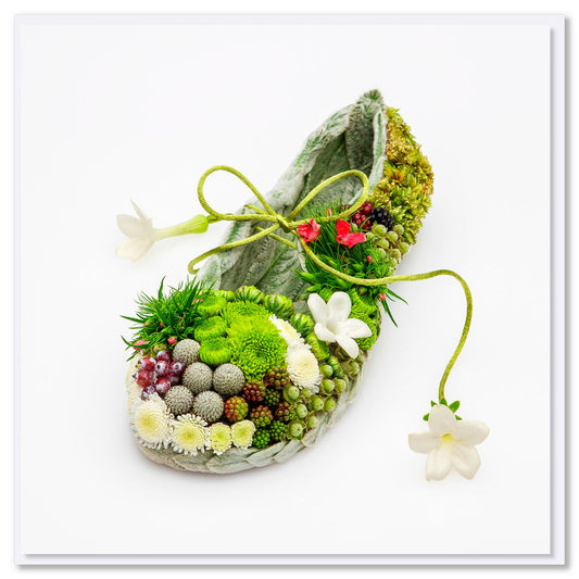 This tapestry shoe greeting card features an intricate handcrafted floral shoe design. 142mm square. Blank inside.
