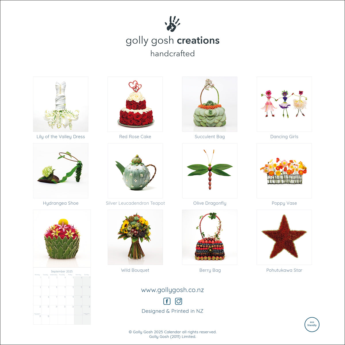 Back cover of a delightful 2025 Wall Calendar from Golly Gosh Creations. Size 210 x 420mm 