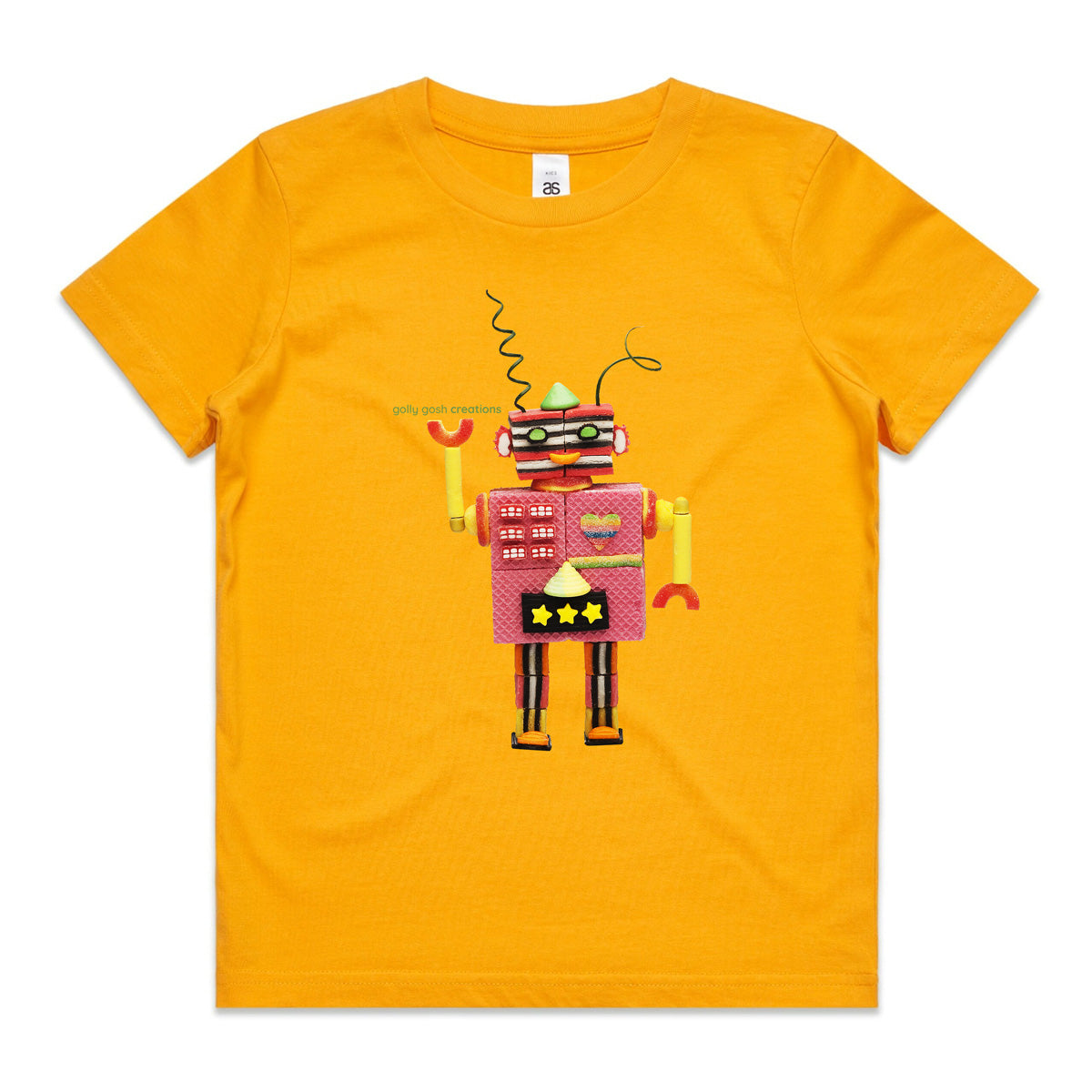 An allsorts robot yellow kids tee shirt from Golly Gosh Creations. Crafted from sweet confectionery. Size 2 - 16 years. A quality cotton garment.