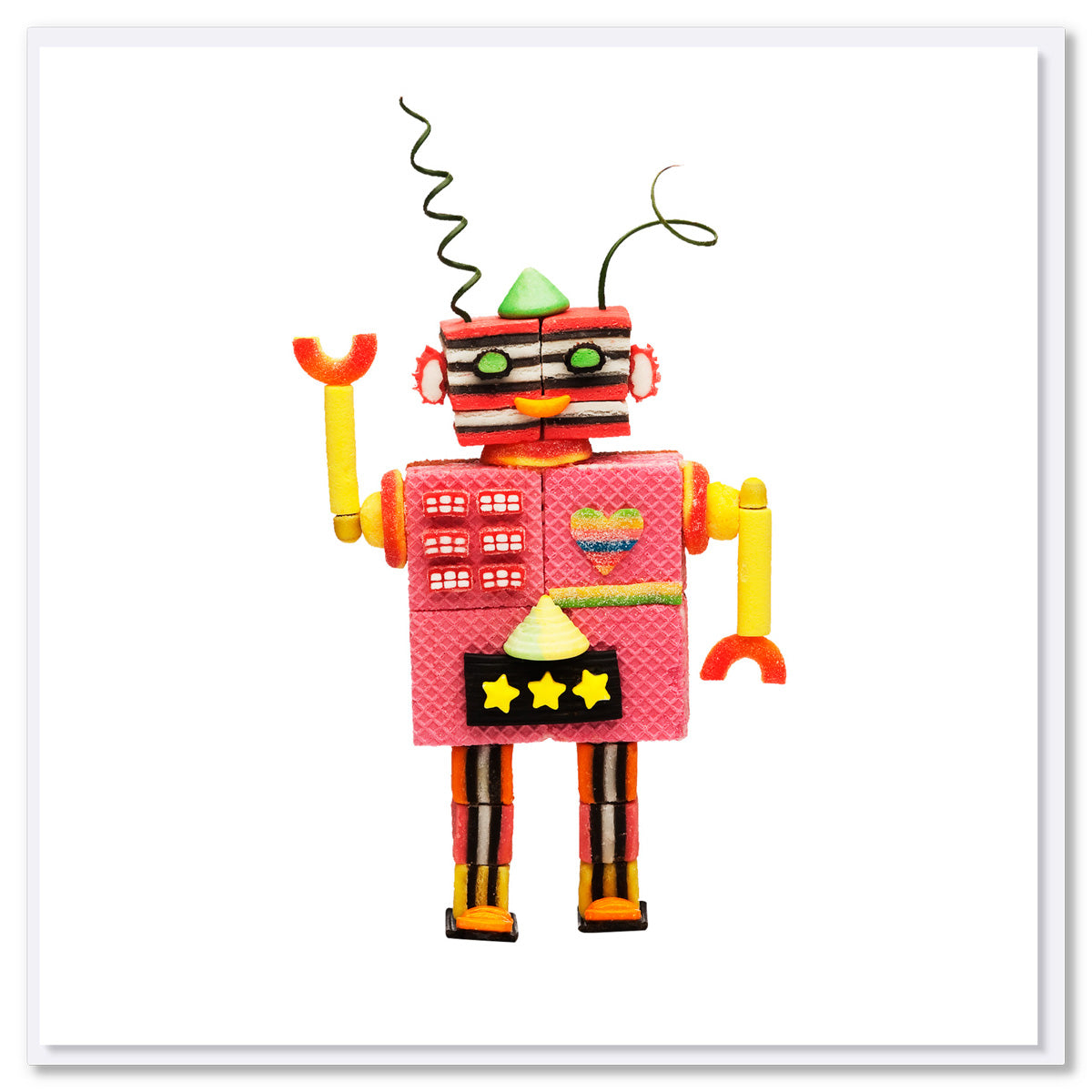 A tasteful robot made from confectionery on a white background. Size 142 x 142mm. A quality greeting card found at Golly Gosh Creations.