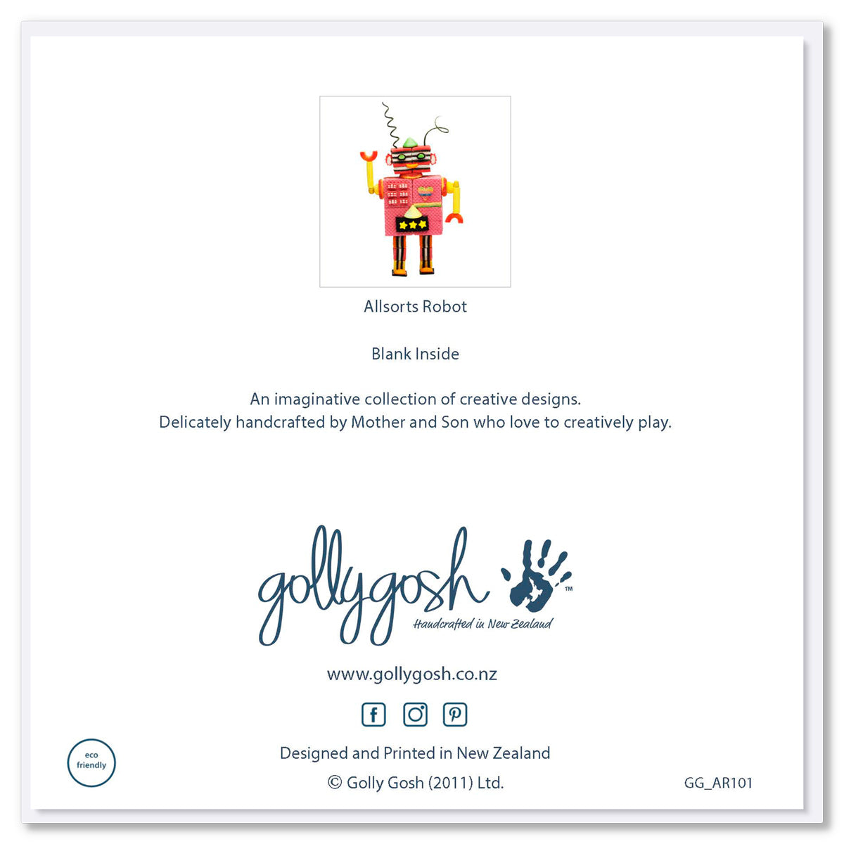 The back cover of our confectionery robot greeting card from Golly Gosh Creations. Created from fresh sweets on a white background.