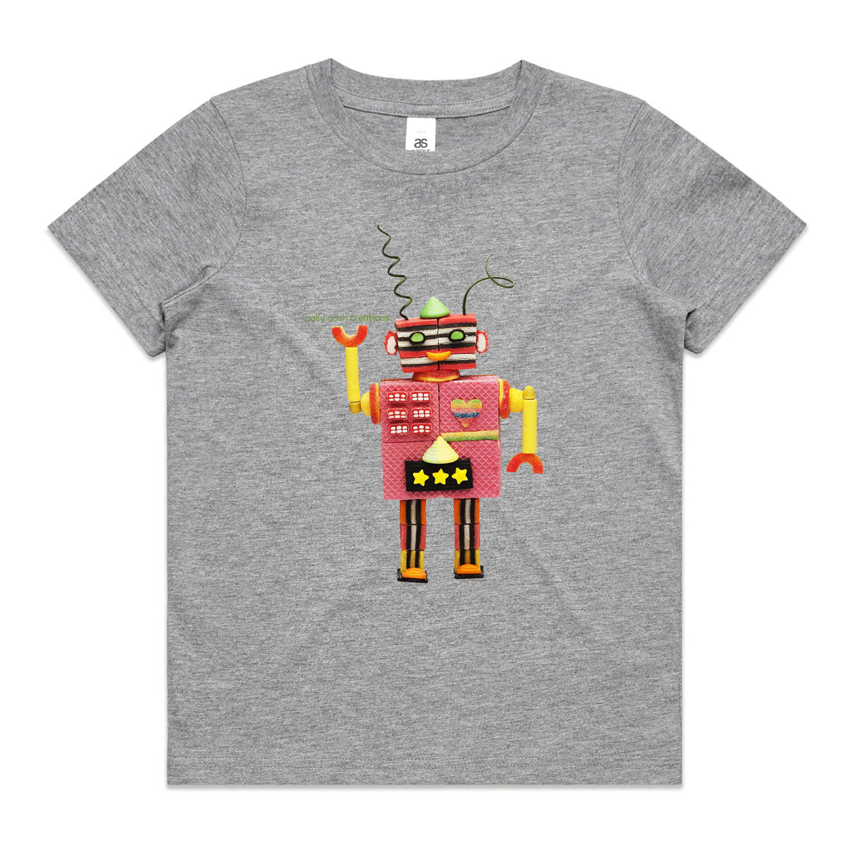 An allsorts robot grey kids tee shirt from Golly Gosh Creations. Crafted from sweet confectionery. Size 2 - 16 years. A quality cotton garment.