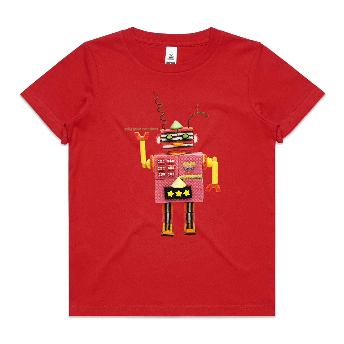 An allsorts robot red kids tee shirt from Golly Gosh Creations. Crafted from sweet confectionery. Size 2 - 16 years. A quality cotton garment.