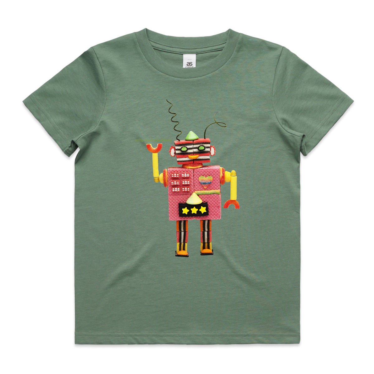 An allsorts robot sage kids tee shirt from Golly Gosh Creations. Crafted from sweet confectionery. Size 2 - 16 years. A quality cotton garment.