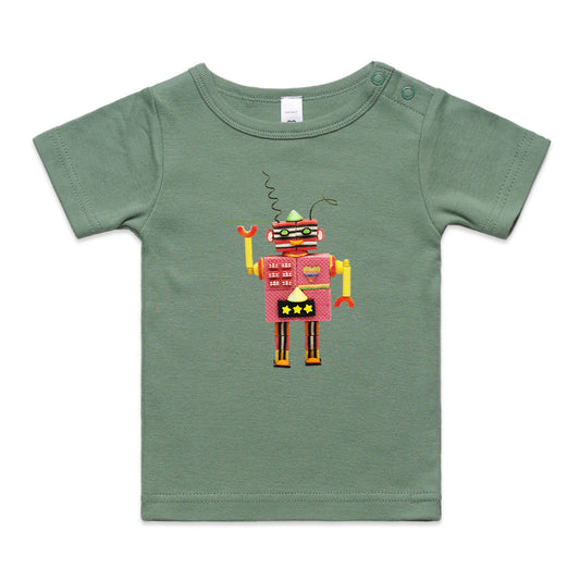A fun allsorts robot wee tee from Golly Gosh Creations. Crafted from sweet confectionery. A quality sage cotton garment available from 0 - 24 months.