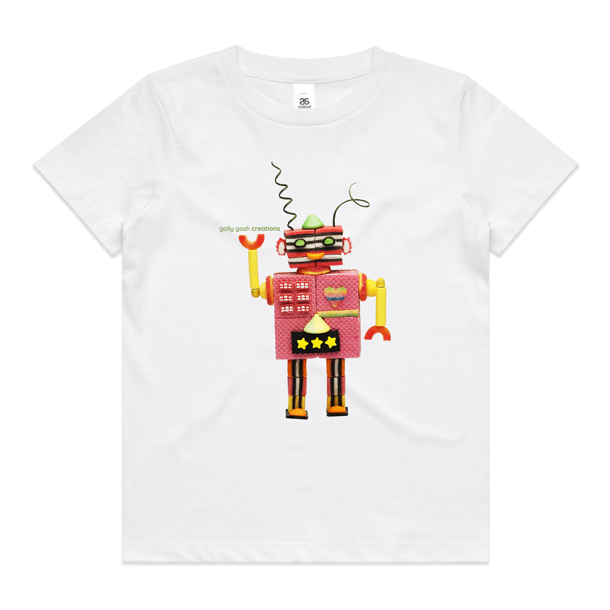 An allsorts robot white kids tee shirt from Golly Gosh Creations. Crafted from sweet confectionery. Size 2 - 16 years. A quality cotton garment.
