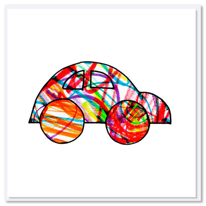 A bright coloured kids drawing of a beetle car on a white background. Size 142 x 142mm. A quality greeting card found at Golly Gosh Creations.