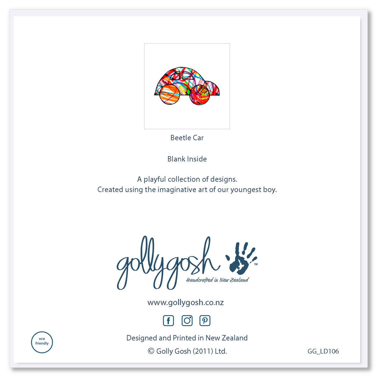 The back cover of a colourful child's hand drawn beetle car on a white background. A quality greeting card from Golly Gosh Creations.