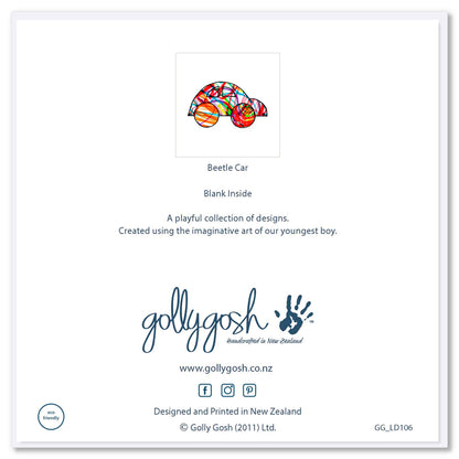 The back cover of a colourful child's hand drawn beetle car on a white background. A quality greeting card from Golly Gosh Creations.