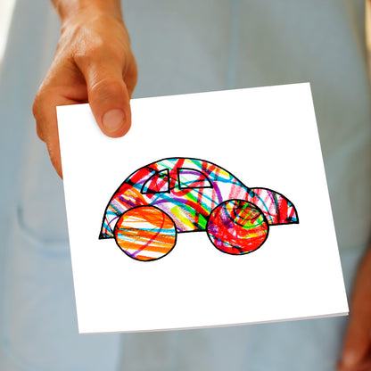 A model holding a colourful child's hand drawn beetle car on a white background. A quality greeting card from Golly Gosh Creations.