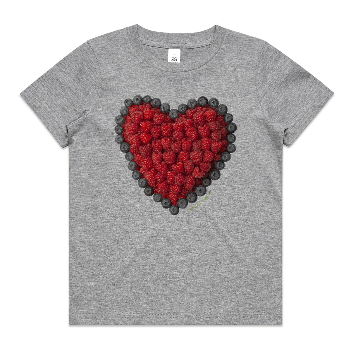 A berry heart grey kids tee shirt from Golly Gosh Creations. Size 2 - 16 years. Handcrafted from fresh summer berries. A quality cotton garment.