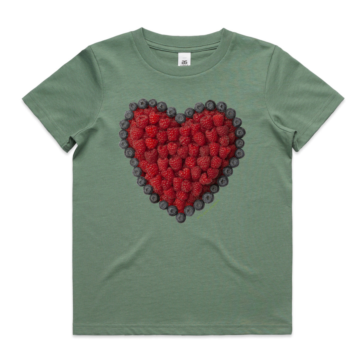 A berry heart sage kids tee shirt from Golly Gosh Creations. Size 2 - 16 years. Handcrafted from fresh summer berries. A quality cotton garment.