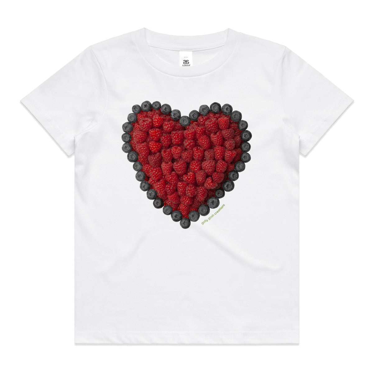 A berry heart white kids tee shirt from Golly Gosh Creations. Size 2 - 16 years. Handcrafted from fresh summer berries. A quality cotton garment.