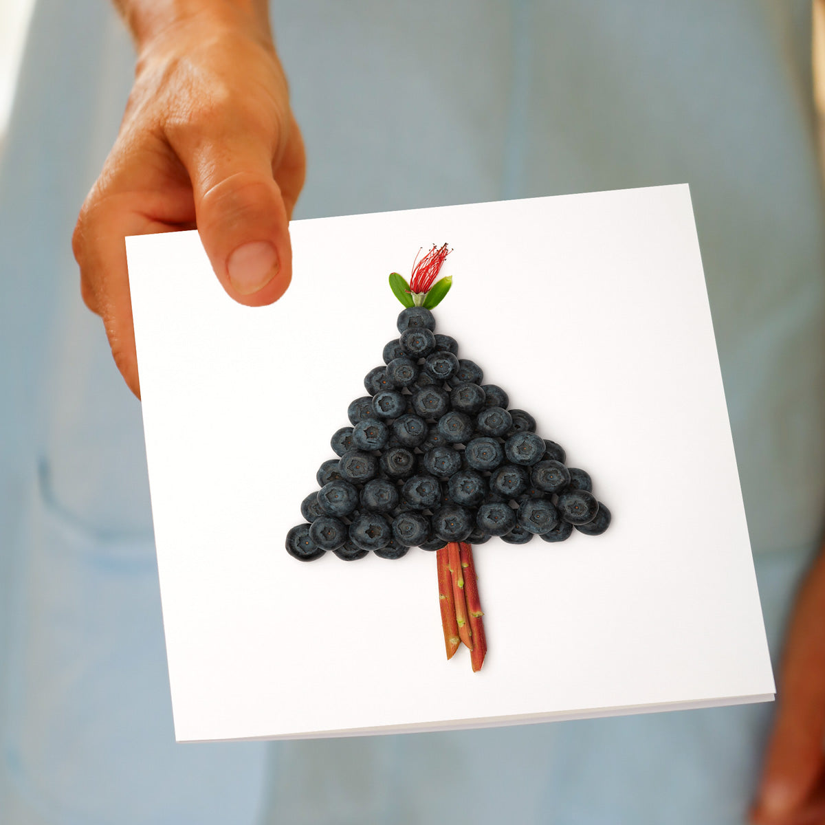 A hand holds the Christmas Blueberry Tree greeting card, featuring fresh blueberries built into a tree shape with a pohutukawa flower topper and a twig trunk, made by Golly Gosh Creations.