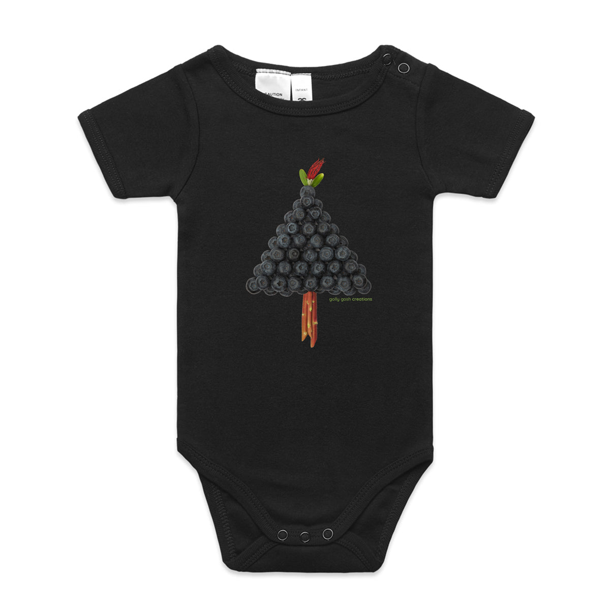 A cute blueberry tree babygrow by Golly Gosh Creations. Colour black. This organic cotton garment comes in sizes 0 - 24 months. Crafted from blueberries.
