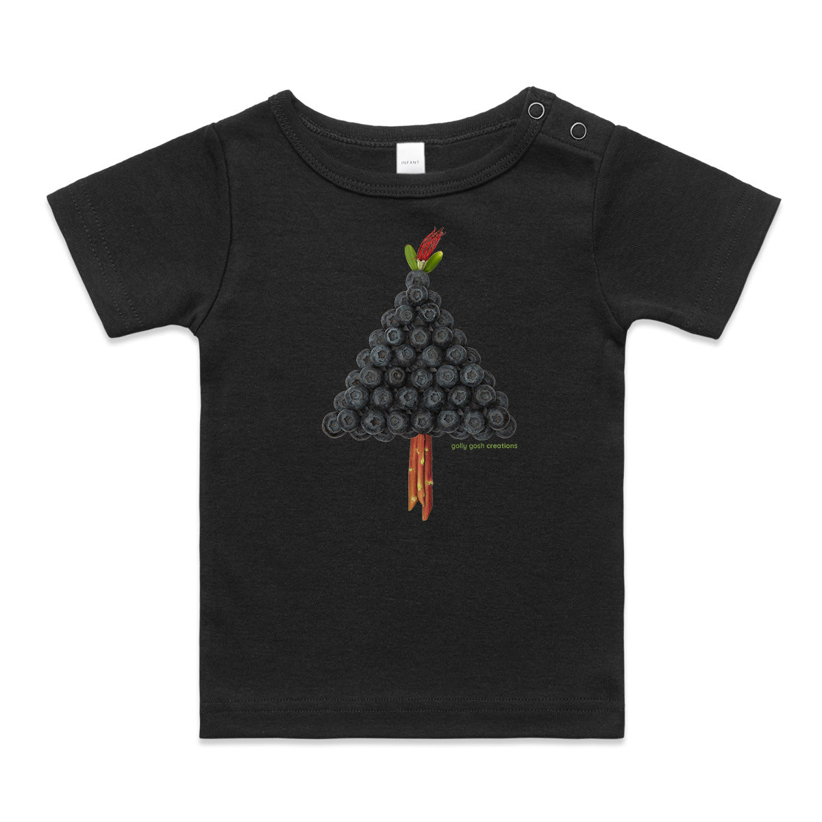 A blueberry tree wee tee from Golly Gosh Creations. This organic cotton garment comes in sizes 0 - 24 months. Colour black. Crafted from fresh blueberries.