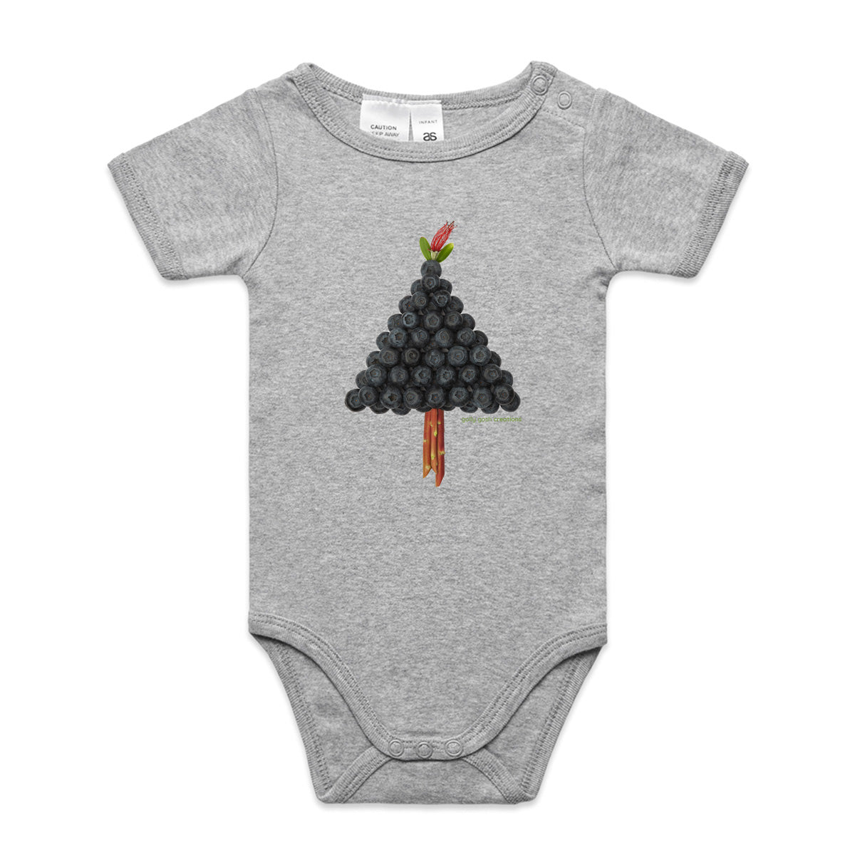 A cute blueberry tree babygrow from Golly Gosh Creations. A quality grey cotton garment available from 0 - 24 months. Created from fresh blueberries.