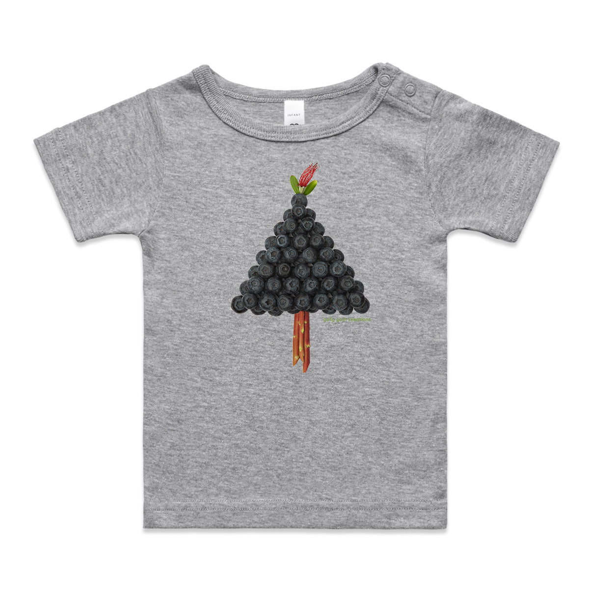 A blueberry tree wee tee from Golly Gosh Creations. This organic cotton garment comes in sizes 0 - 24 months. Colour grey. Crafted from fresh blueberries.